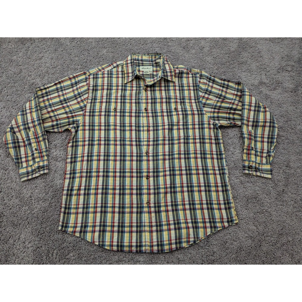 Eddie Bauer Button Up Shirt Men's Large Plaid Long Sleeves 100% Retro Look